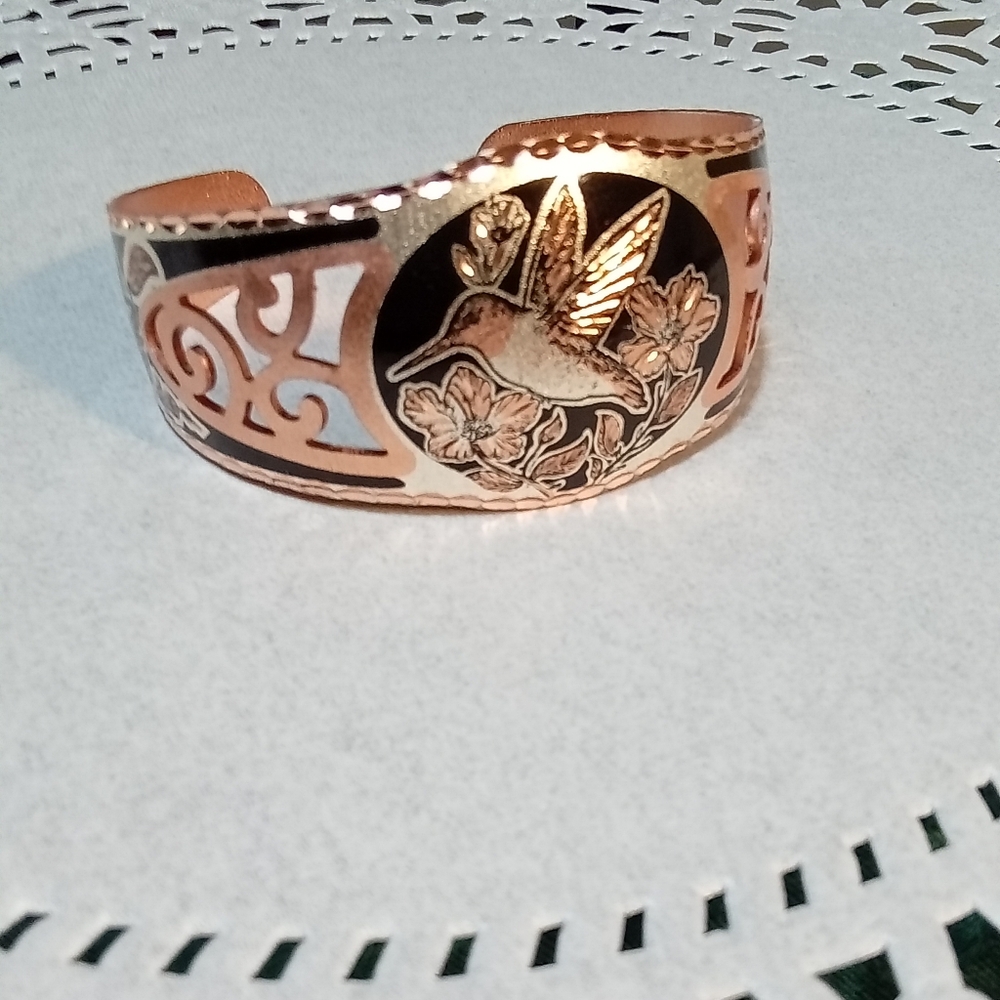 Elegant Copper and Black Hummingbird Cuff Bracelet, Trendy Cuff